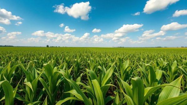 Expansive Michigan farmland with cornfield under blue sky.
