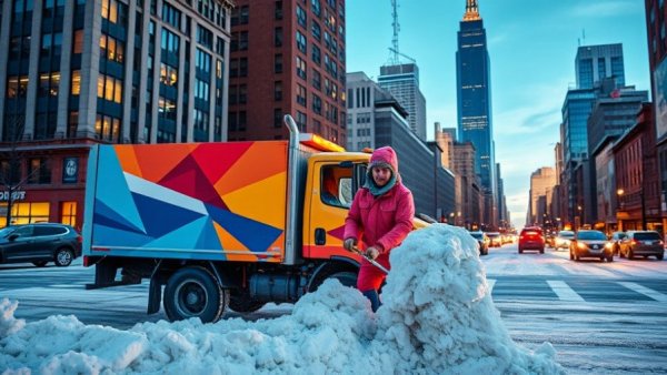 Vibrant snow plow truck clearing driveway in urban Muskegon.