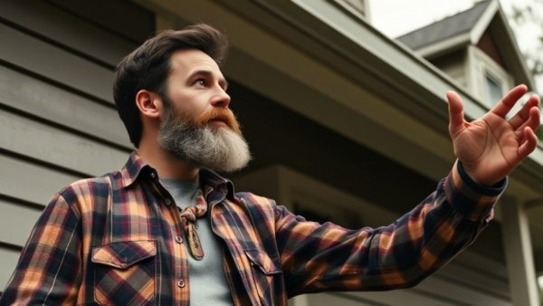 Casually dressed man gesturing near a house for rental property oversight services.