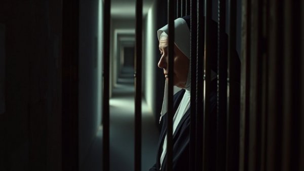 Nun conversing through bars in dimly lit corridor.