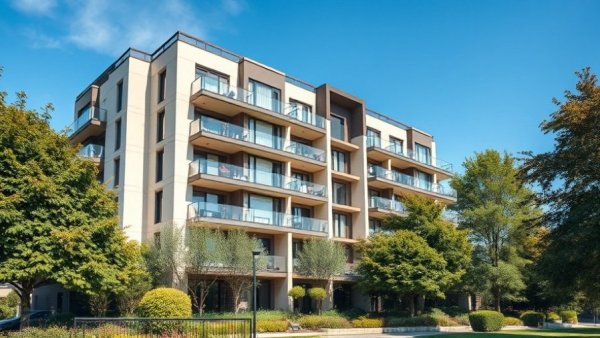 Modern apartment building with rental property oversight services sign.