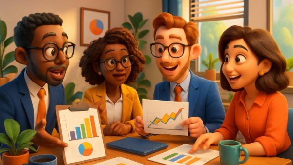Cartoon team discussing strategies in a modern office for local SEO services.