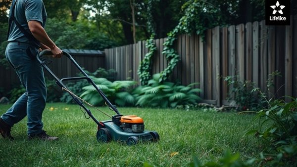 Professional using a mower in an overgrown yard, lawn care services.