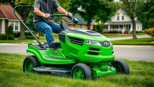 Person using a green electric lawn mower in a suburban yard.