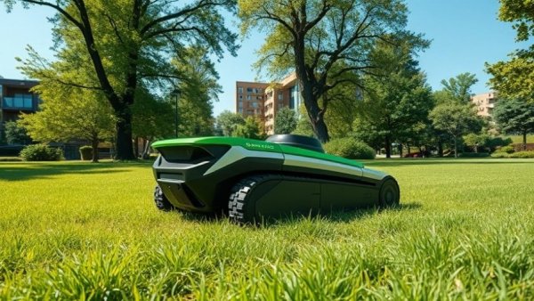 High-tech robot lawn mower in action on a green lawn.