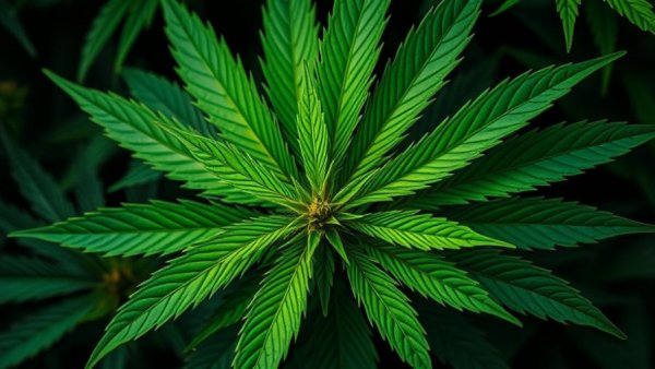 Close-up of cannabis leaves against a dark background.