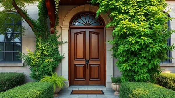 Entrance to historic building with white door and greenery, Michigan Medicine exhibit history.