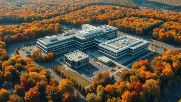Aerial view of Michigan Medicine in autumn, showcasing the extensive hospital complex.