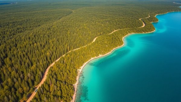 Aerial view of Crystal Lake in Michigan with lush forests.