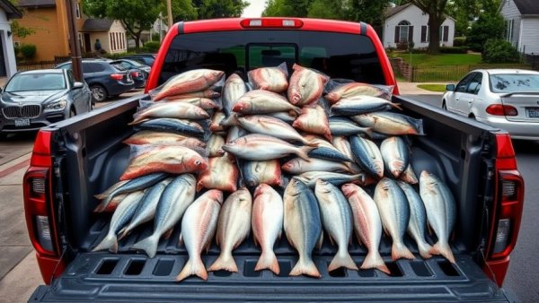 Michigan fishing rules and regulations displayed with fish haul in driveway.