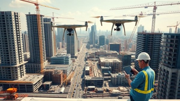 Drones and workers at a construction site using monitoring technology.