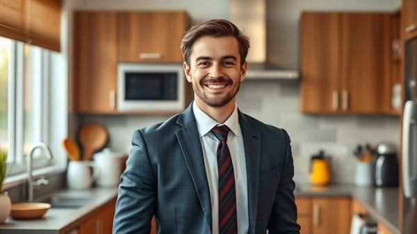 Young man in a tuxedo smiling confidently in a modern kitchen.