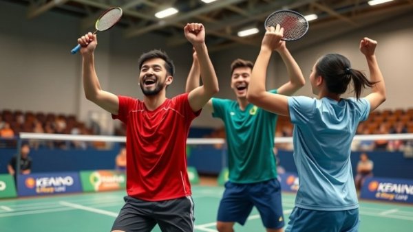 Thailand Open Final badminton players celebrating a point.