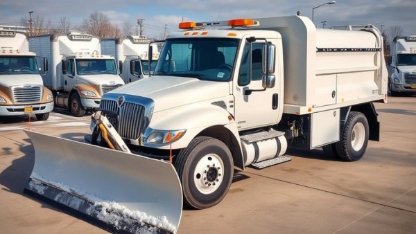 Snow removal truck in Muskegon parking lot with other trucks.