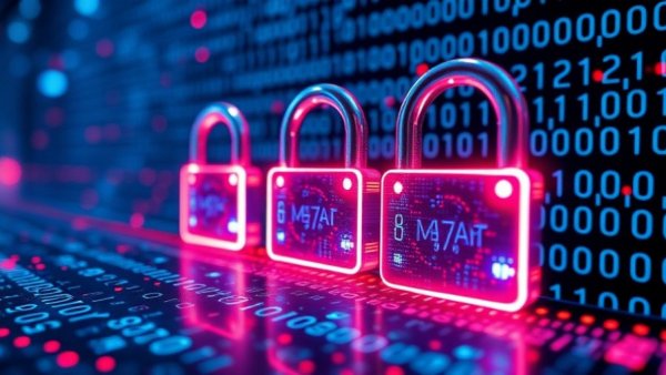 Digital padlocks on binary code background symbolize data privacy legislation.