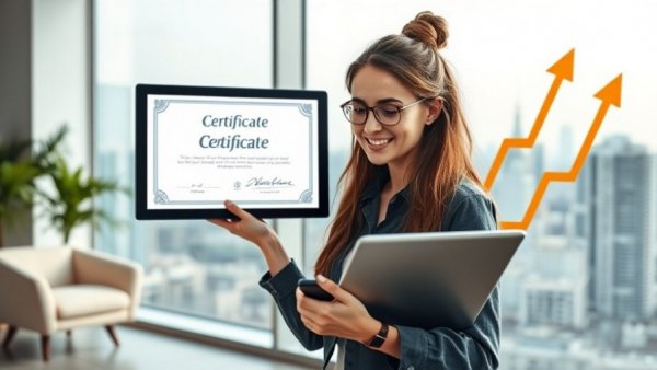 Woman studying free digital marketing course with certificate, growth illustration.