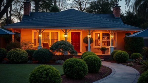 Charming bungalow home with garden at twilight highlighting real estate appeal.