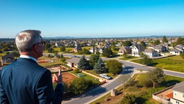 Government housing initiative showing suburban development and a speaker in formal attire.