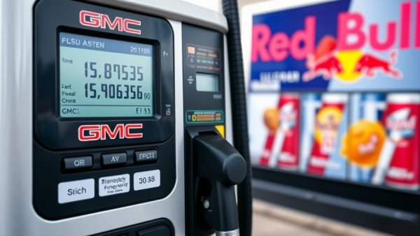 Fuel pump display with GMC vehicle at Michigan gas station in summer.