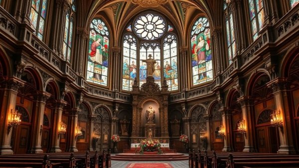 Centennial of St. Mary Star of the Sea church interior with altar and stained glass.