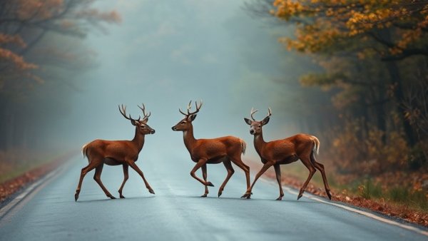 Deer crossing a foggy road in autumn forest, highlighting areas where deer hit drivers most.