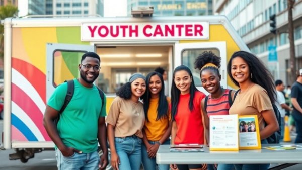 Detroit youth program members smiling in front of mobile center