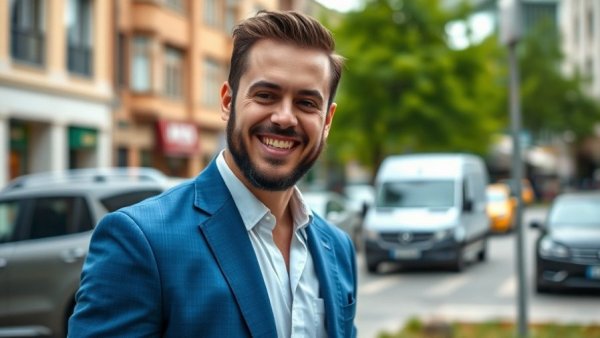Young man outdoors in suit smiling, urban background.
