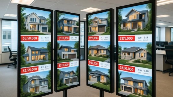 Digital displays in office showing real estate listings, integrated marketing strategy.