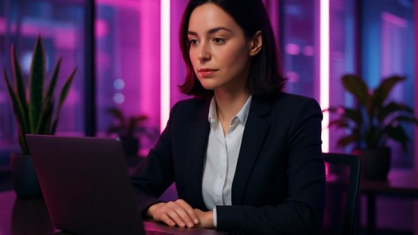 Businesswoman in modern office providing local SEO services.