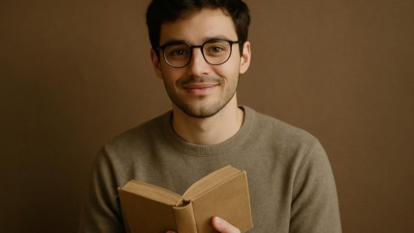 Young man holding a book, related to data-driven marketing.