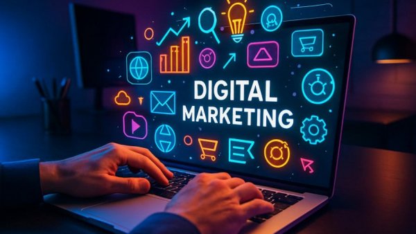Hands typing at a digital marketing workspace with vibrant elements.
