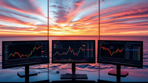 Stock charts displayed on screens with ocean sunset view related to iClick Interactive Asia Nasdaq delisting.