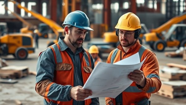 Focused construction workers at Michigan roadwork and highway projects site.