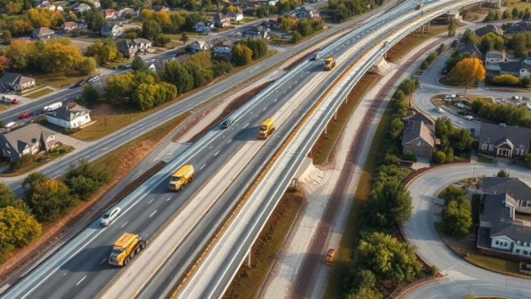 Aerial view of road construction on Michigan highway with surrounding homes.