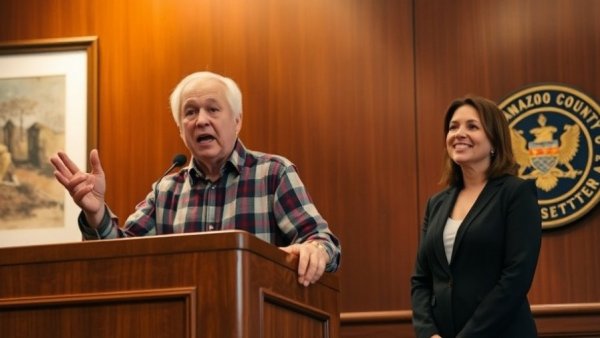 Man speaking at a podium with a woman observing, wrongful convictions Michigan backdrop