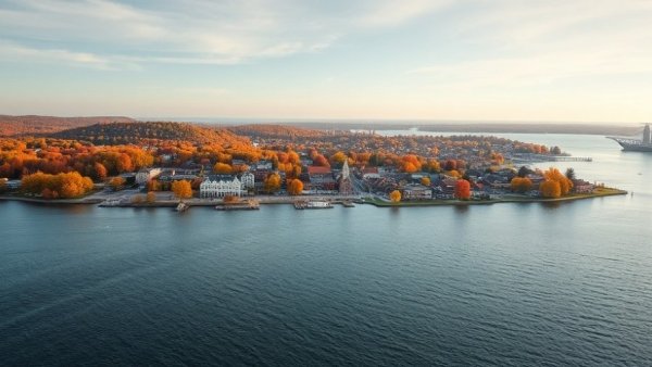 Traverse City Michigan scenic view with autumn foliage and calm waters.