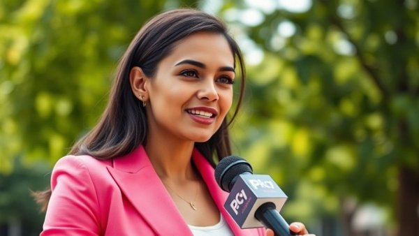 Young woman discussing campaign strategy outdoors with media.