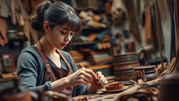 Focused artisan woman crafting leather at workbench in a workshop.
