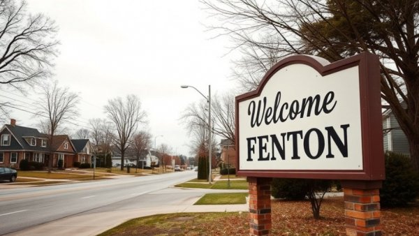 Welcome to Downtown Fenton sign with suburban Michigan background.