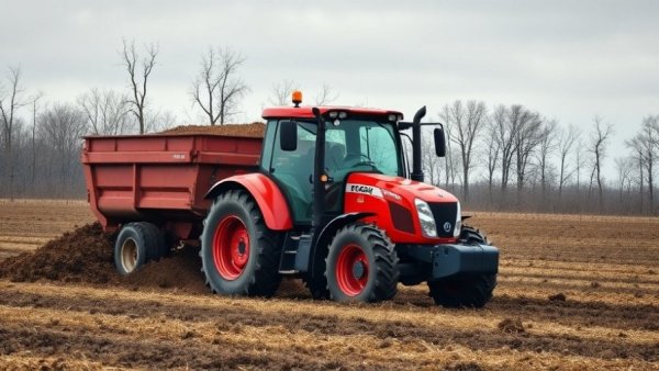 Robust red tractor spreading manure in a Michigan field, reflecting agriculture regulations.