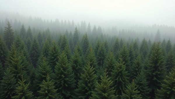 Evergreen trees in a Michigan forest under foggy conditions.