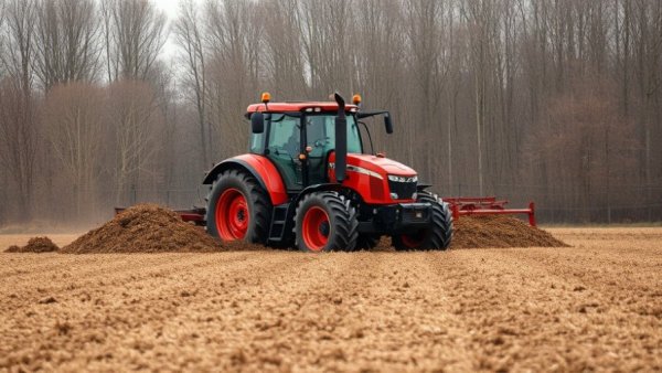 Red tractor spreading manure on a farm field with trees in the background, reflecting Michigan agriculture regulations.