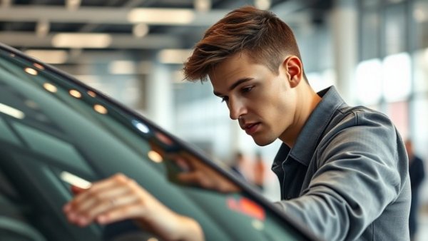 Young man inspecting a car in a showroom, emphasizing hybrid vehicles popularity.