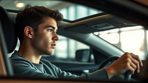 Young man examining car in showroom, symbolizing hybrid vehicles market share.
