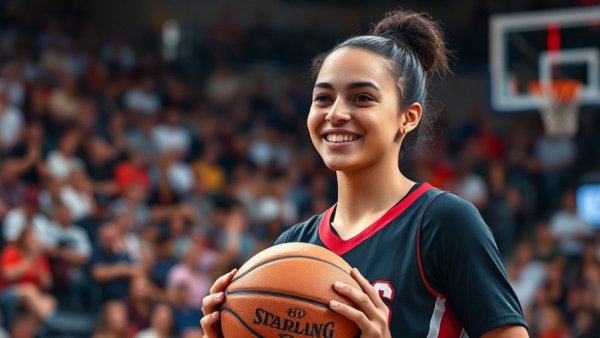 Basketball player smiling on the court with a basketball in hand.