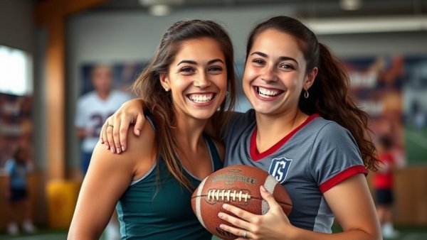 Smiling women in sports shirts celebrating women's flag football growth.