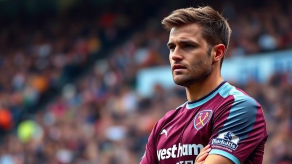 West Ham player looking concerned during match amid relegation fears.