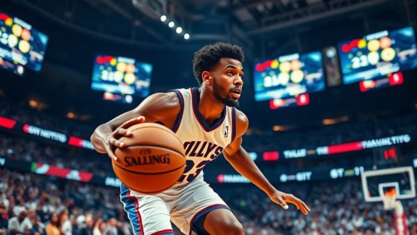 Basketball player dribbling ball during game, focused and intense.