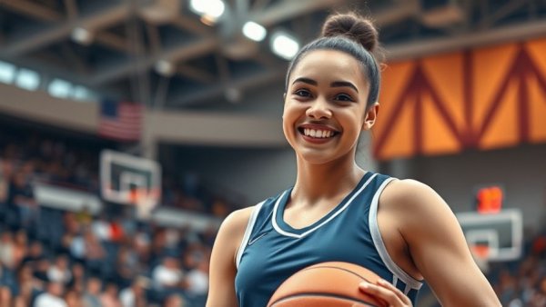 Female basketball player smiling with a basketball at indoor game.