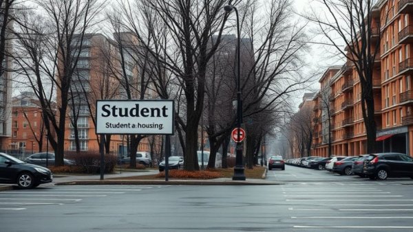 Student housing sign in urban area promoting rental property oversight services.